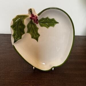 VTG Christmas Holly Apple Shaped Plate N.S. Gustin Co Nut Candy Trinket Dish USA
